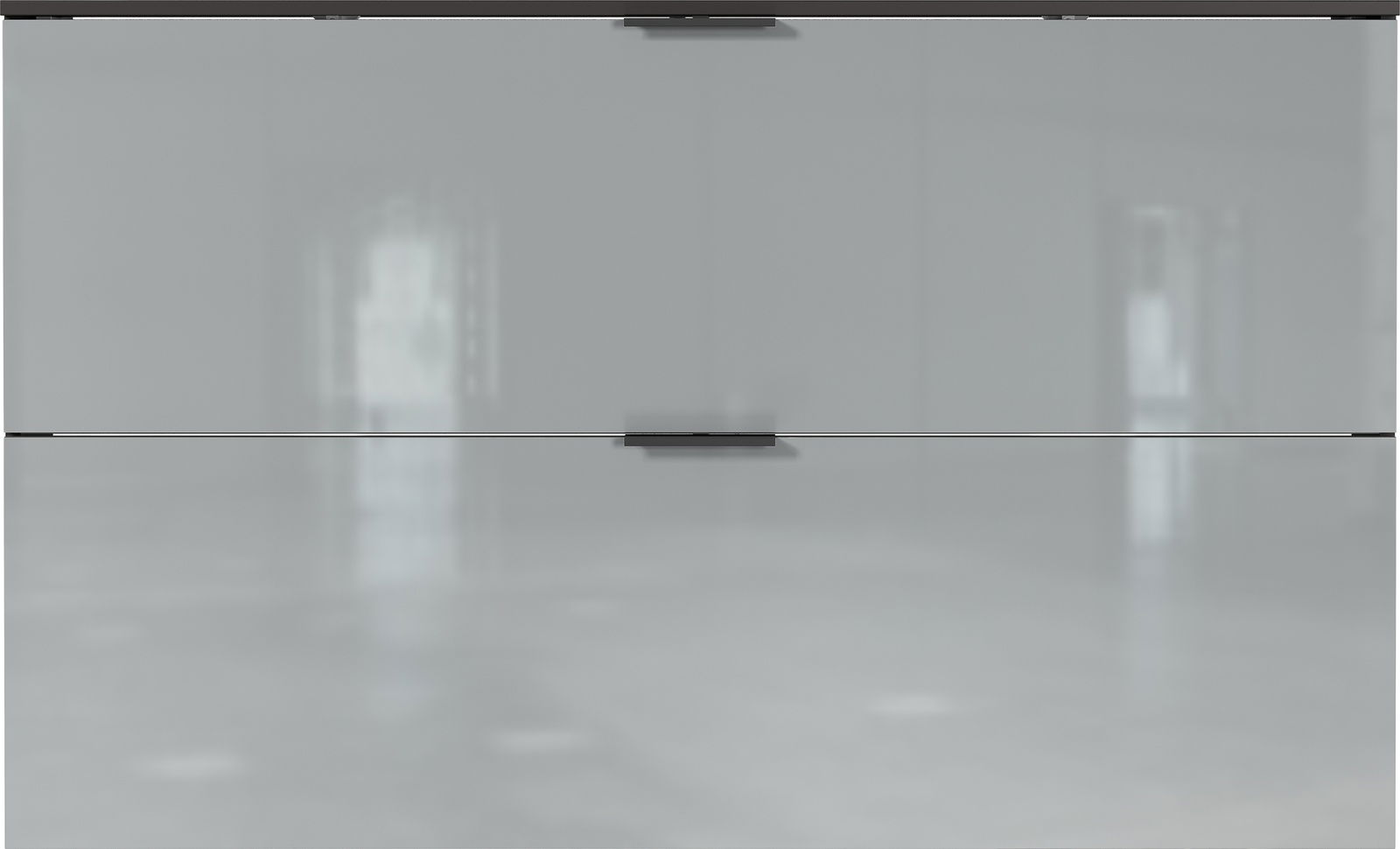 Moderner Schuhschrank mit zwei Klappen in grauem Hochglanz, Frontalansicht.