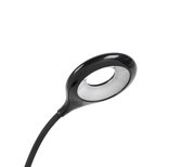 Schwarze LED-Klemmleuchte mit flexiblem Hals, seitliche Perspektive