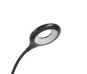 Schwarze LED-Klemmleuchte mit flexiblem Hals, seitliche Perspektive