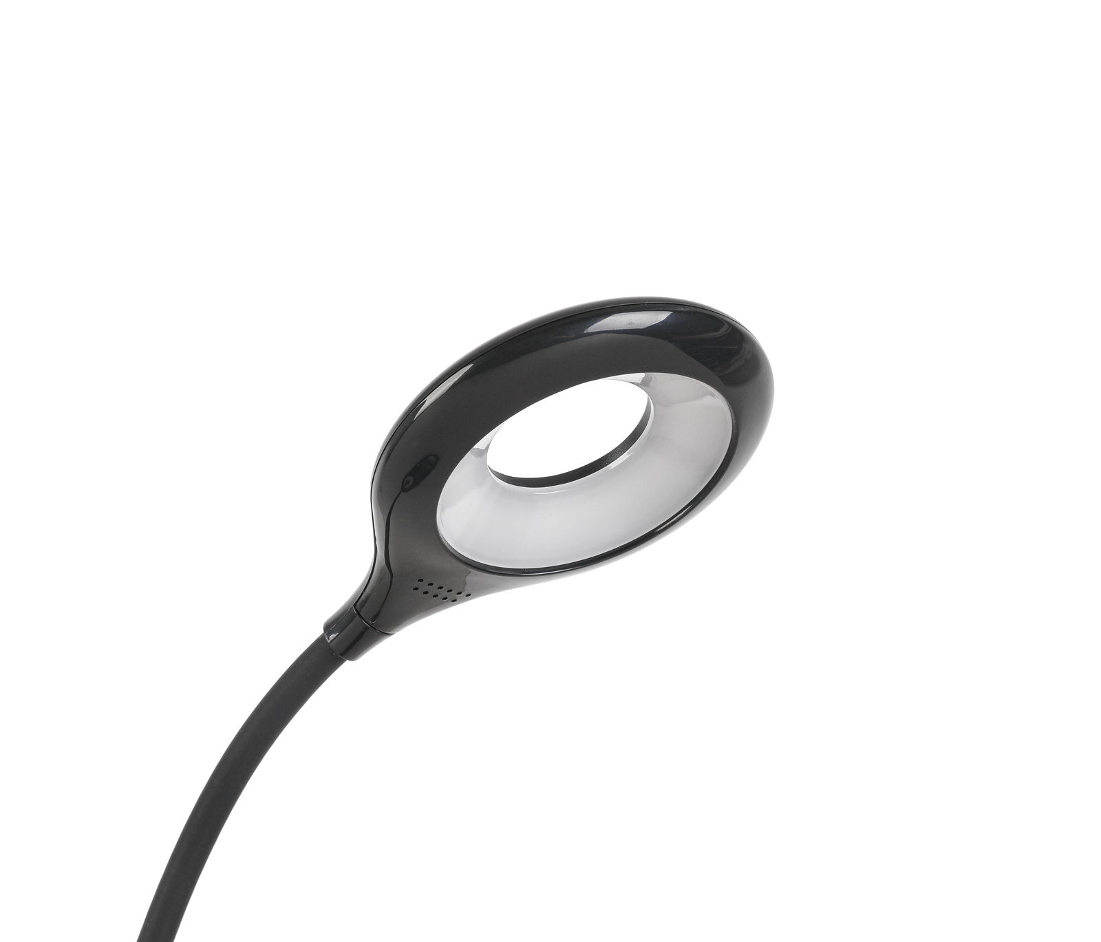 Schwarze LED-Klemmleuchte mit flexiblem Hals, seitliche Perspektive
