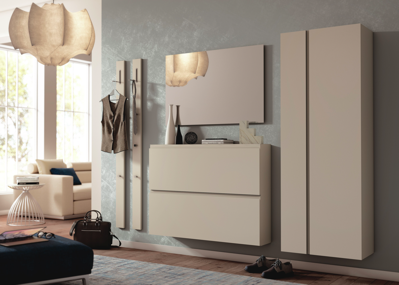 Moderne Garderobeneinrichtung mit Hängeschuhschrank, Spiegel und Garderobenpaneel in einem stilvollen Wohnzimmer. Seitliche Perspektive.