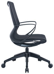 Moderner schwarzer Drehstuhl mit Armlehnen, seitliche Ansicht