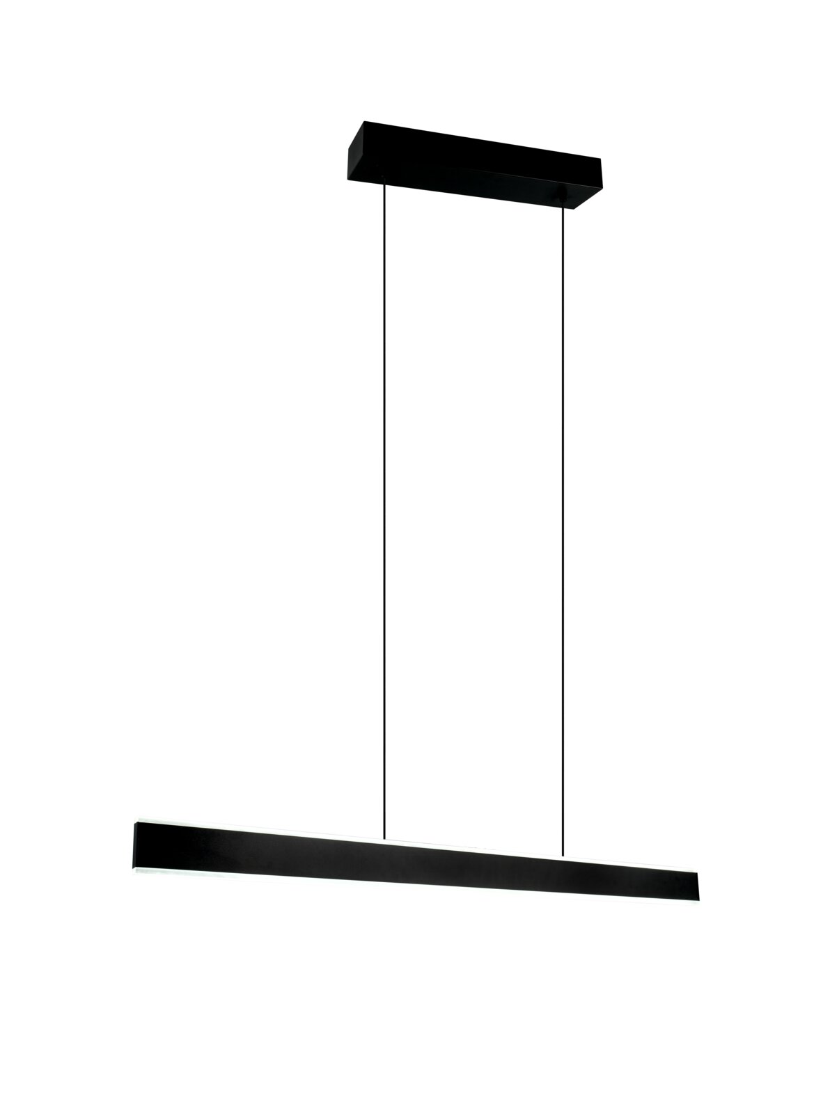 Schwarze, minimalistische LED-Pendelleuchte mit länglichem Lichtbalken und zwei Aufhängungen, freigestellt auf weißem Hintergrund, in leichter Untersicht (Frontansicht).