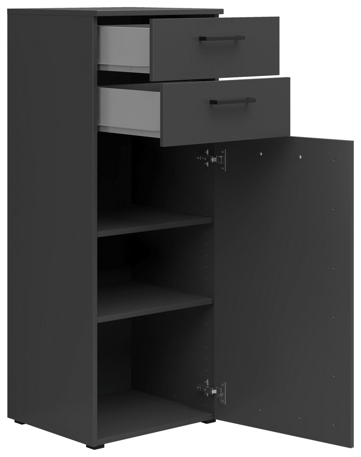 Schwarze Kommode mit zwei offenen Schubladen und einer geöffneten Tür, die zwei Regalböden zeigt, Perspektive von vorne.