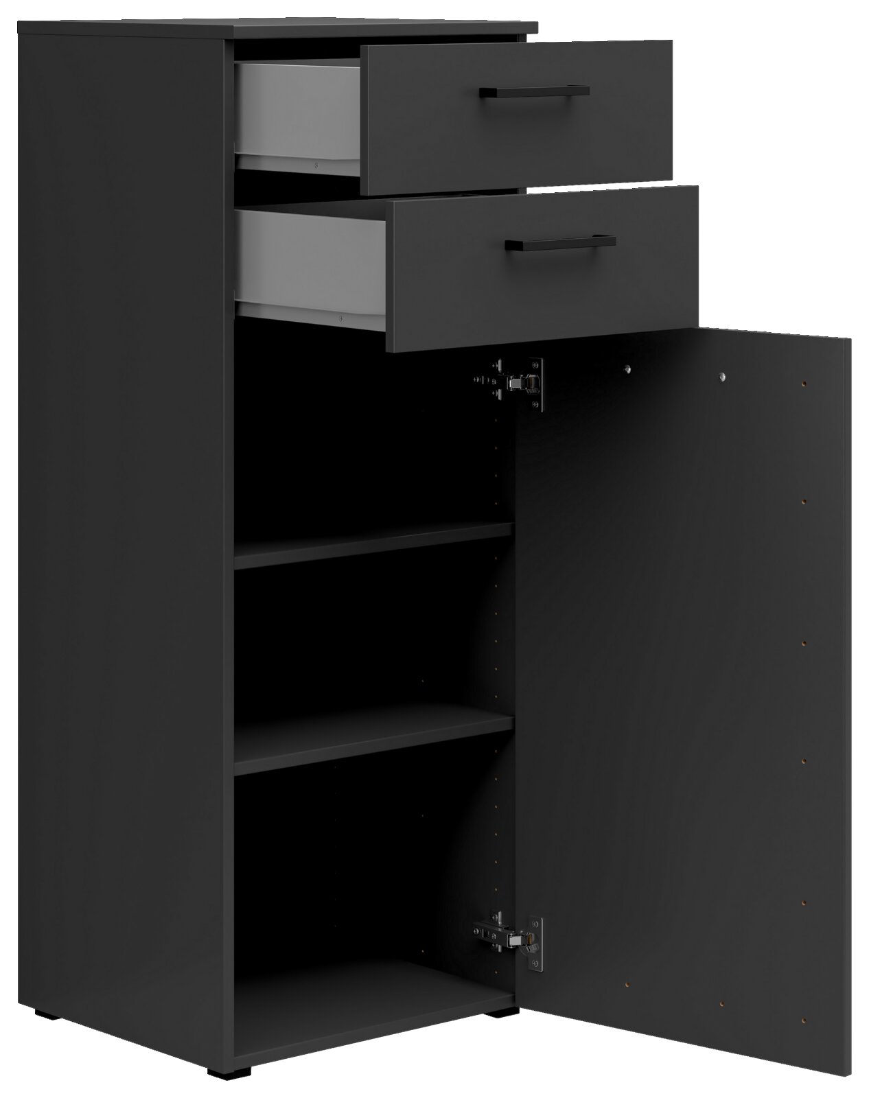 Schwarze Kommode mit zwei offenen Schubladen und einer geöffneten Tür, die zwei Regalböden zeigt, Perspektive von vorne.