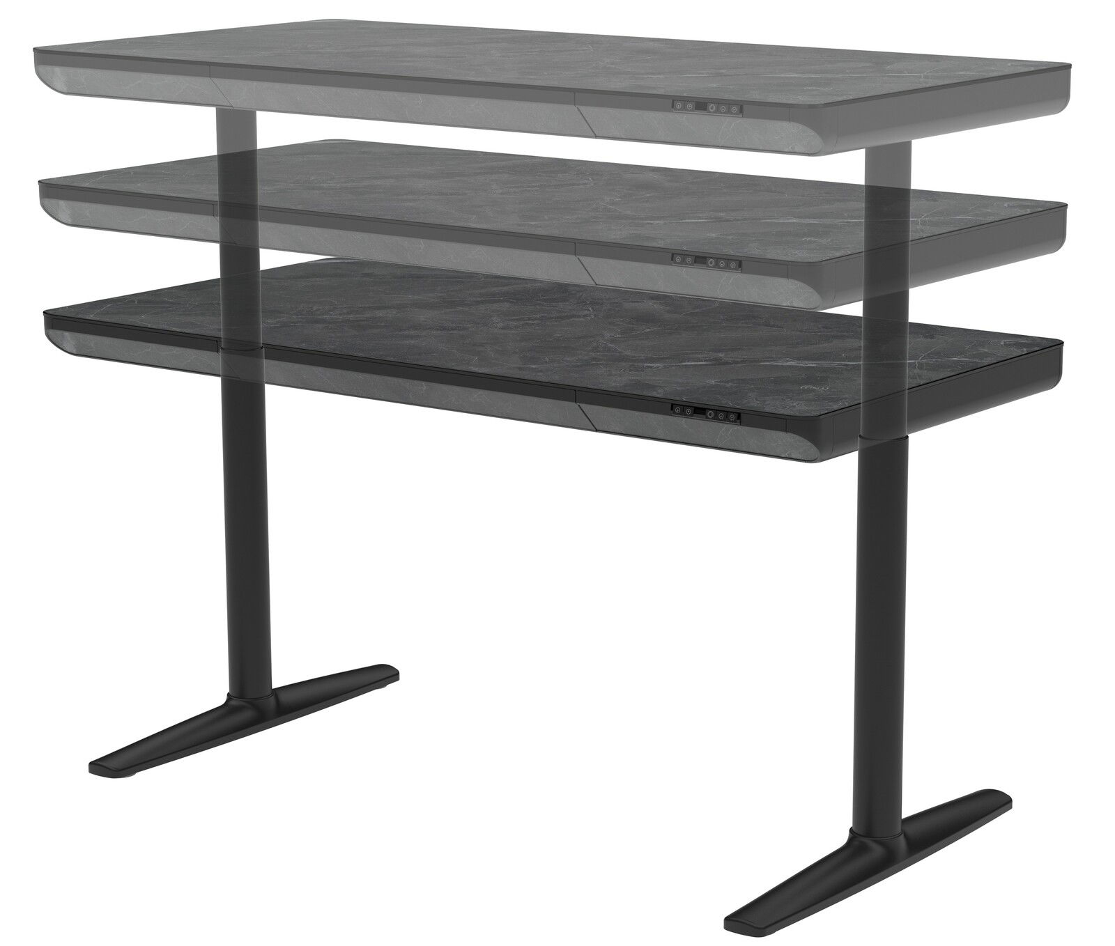 Höhenverstellbarer E-Schreibtisch in seitlicher Perspektive mit schwarzer Tischplatte und schwarzem Gestell.