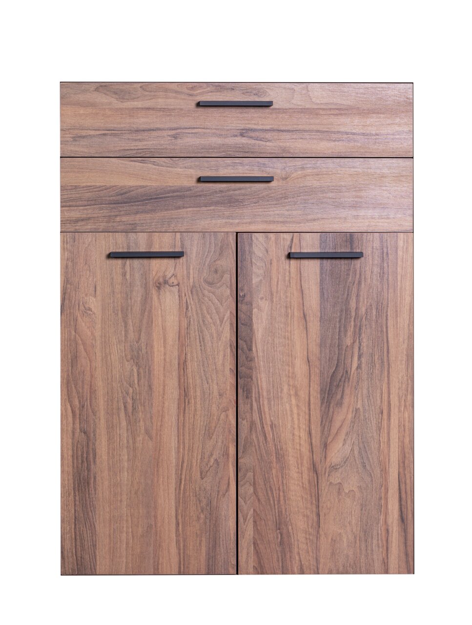 Venda Front-Set Kombi DAVID Frontansicht eines Holzschranks mit zwei Türen und zwei Schubladen, moderne schwarze Griffe