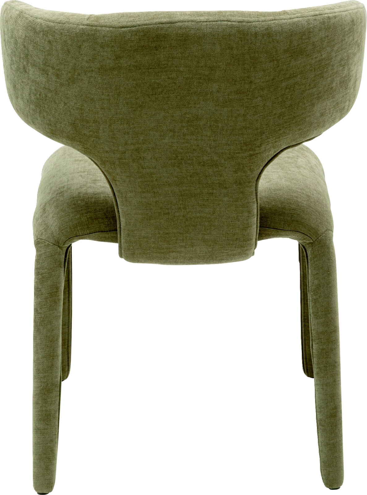 Rückansicht eines gepolsterten Polsterstuhls in Olivgrün mit weichem Stoffbezug, geschwungener Rückenlehne und vier bezogenen Beinen, freigestellt auf weißem Hintergrund
