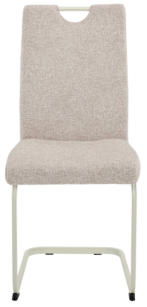 Frontansicht eines beige gepolsterten Schwingstuhls mit Metallgestell.