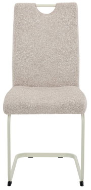 Frontansicht eines beige gepolsterten Schwingstuhls mit Metallgestell.