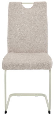 Frontansicht eines beige gepolsterten Schwingstuhls mit Metallgestell.