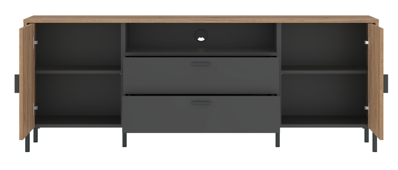 TV-Lowboard mit offenen Türen und Schubladen, Frontansicht