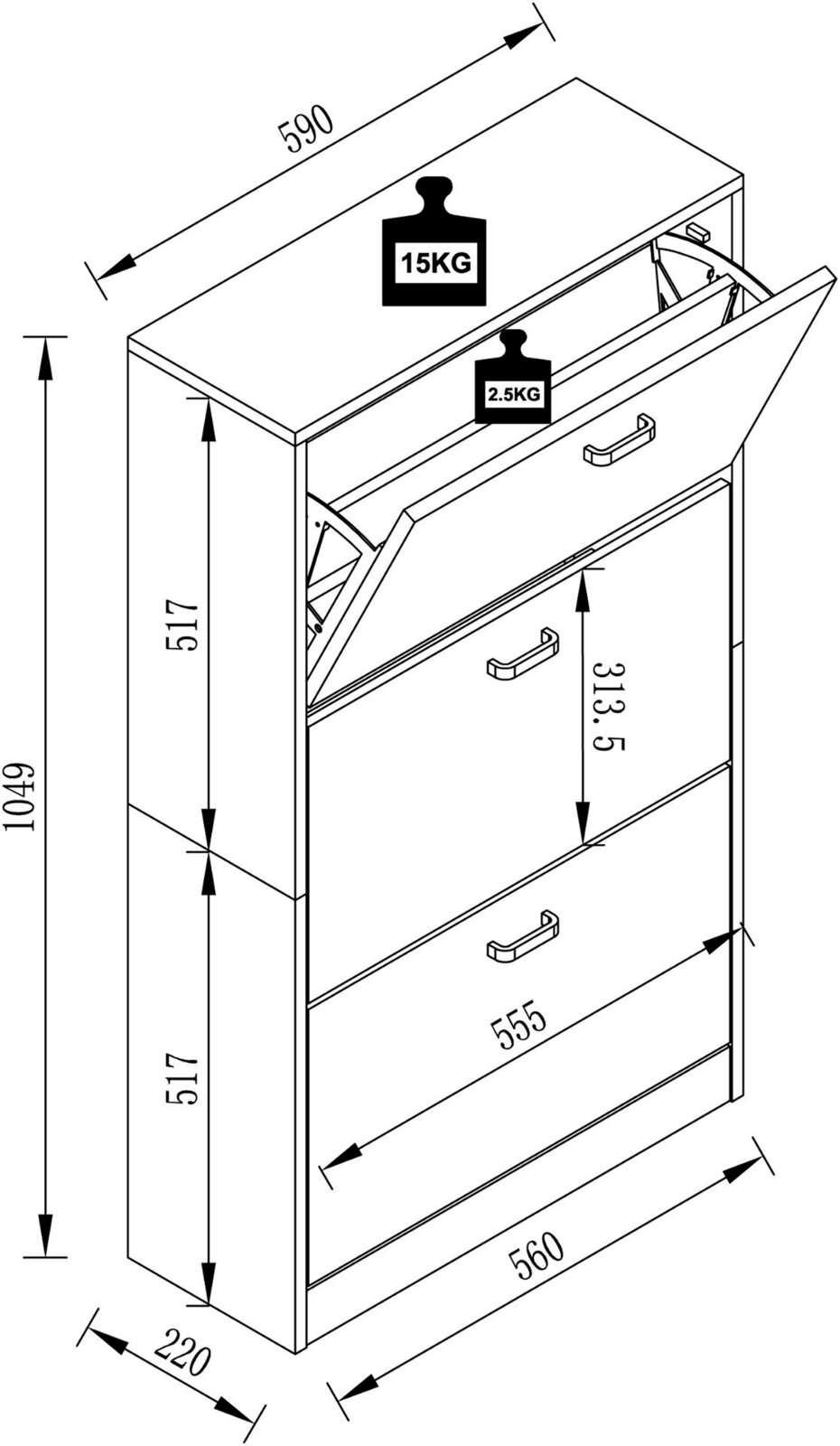 VCM Schuhschrank SIPOS Technische Zeichnung eines schmalen Schuhschranks mit drei Klappfächern und Griffen, in schräger Vorderansicht (Perspektive von vorn links) mit Maßangaben (ca. 590×220×1049 mm) und Belastungsangaben 15 kg oben, 2,5 kg pro Fach.