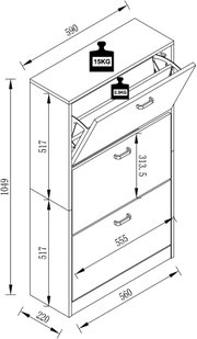 Technische Zeichnung eines schmalen Schuhschranks mit drei Klappfächern und Griffen, in schräger Vorderansicht (Perspektive von vorn links) mit Maßangaben (ca. 590×220×1049 mm) und Belastungsangaben 15 kg oben, 2,5 kg pro Fach.