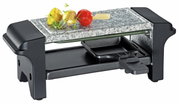 Raclette Twin zwart met natuurstenen plaat en pannetjes, zijaanzicht