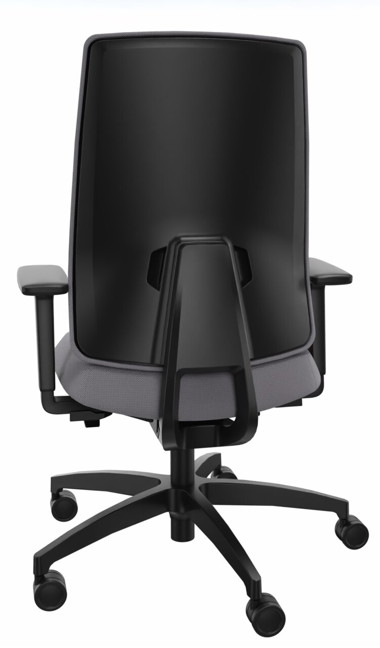 Rückansicht eines schwarzen Drehstuhls mit Armlehnen und Rollen