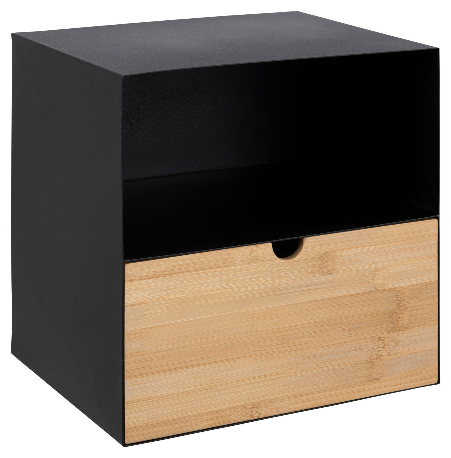 Moderne Nachtkommode mit schwarzem Korpus und Schublade aus hellem Holz, Frontalansicht