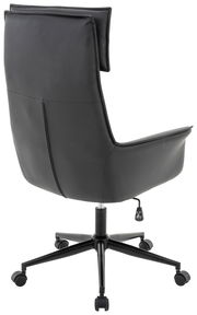 Rückansicht eines schwarzen Chefsessels mit Rollen und verstellbarer Höhe