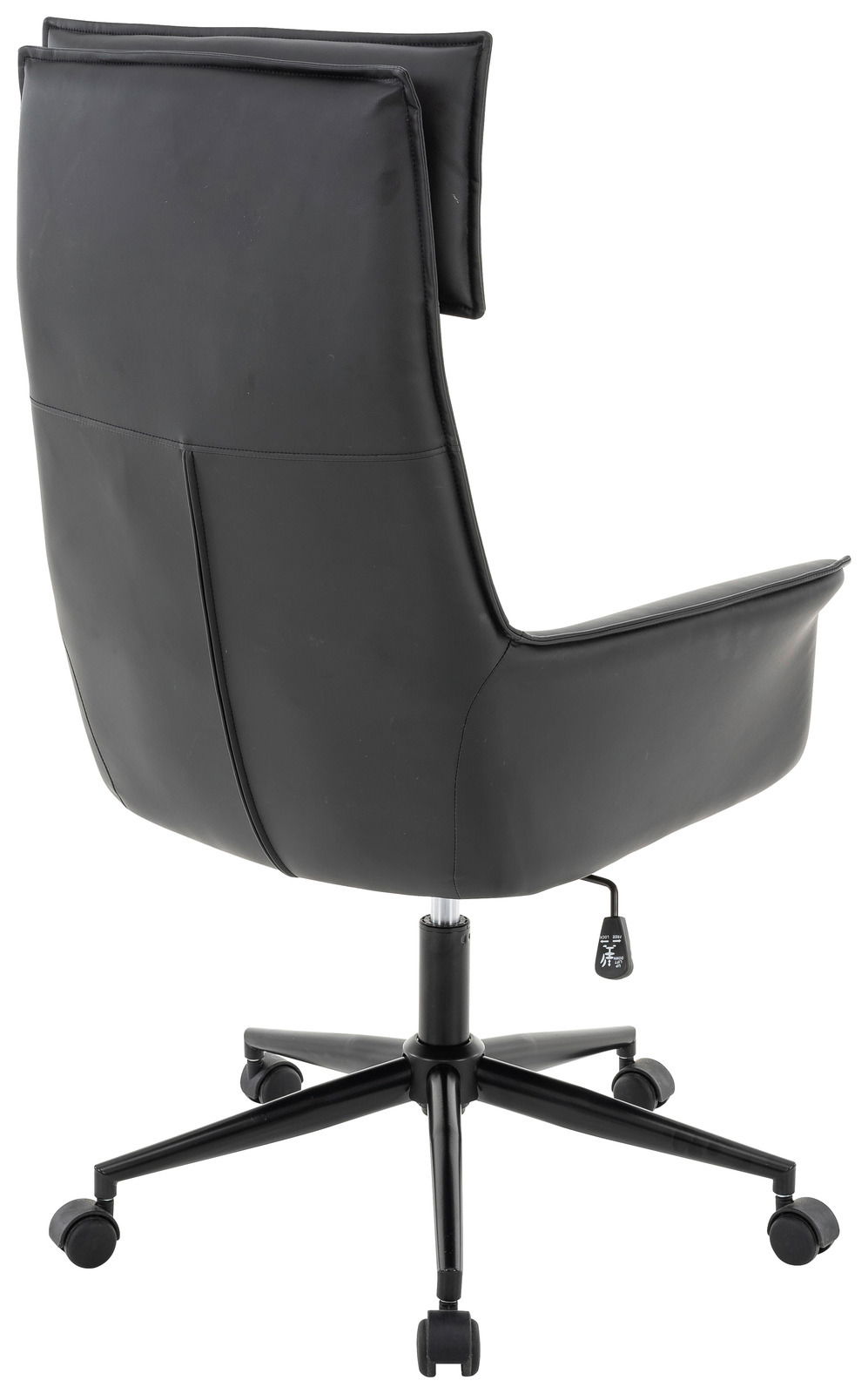 Rückansicht eines schwarzen Chefsessels mit Rollen und verstellbarer Höhe