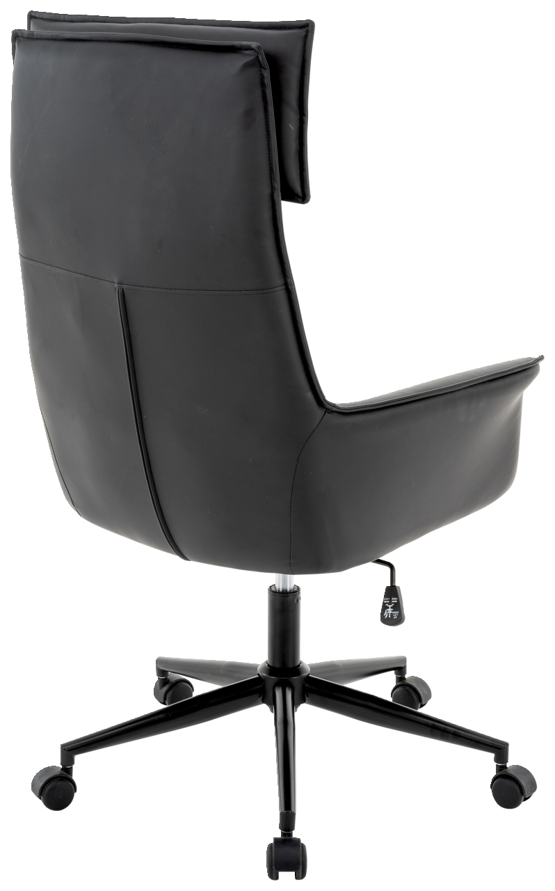 Rückansicht eines schwarzen Chefsessels mit Rollen und verstellbarer Höhe
