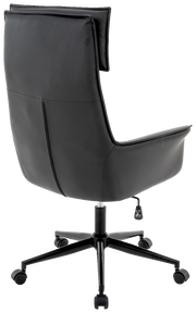 Rückansicht eines schwarzen Chefsessels mit Rollen und verstellbarer Höhe