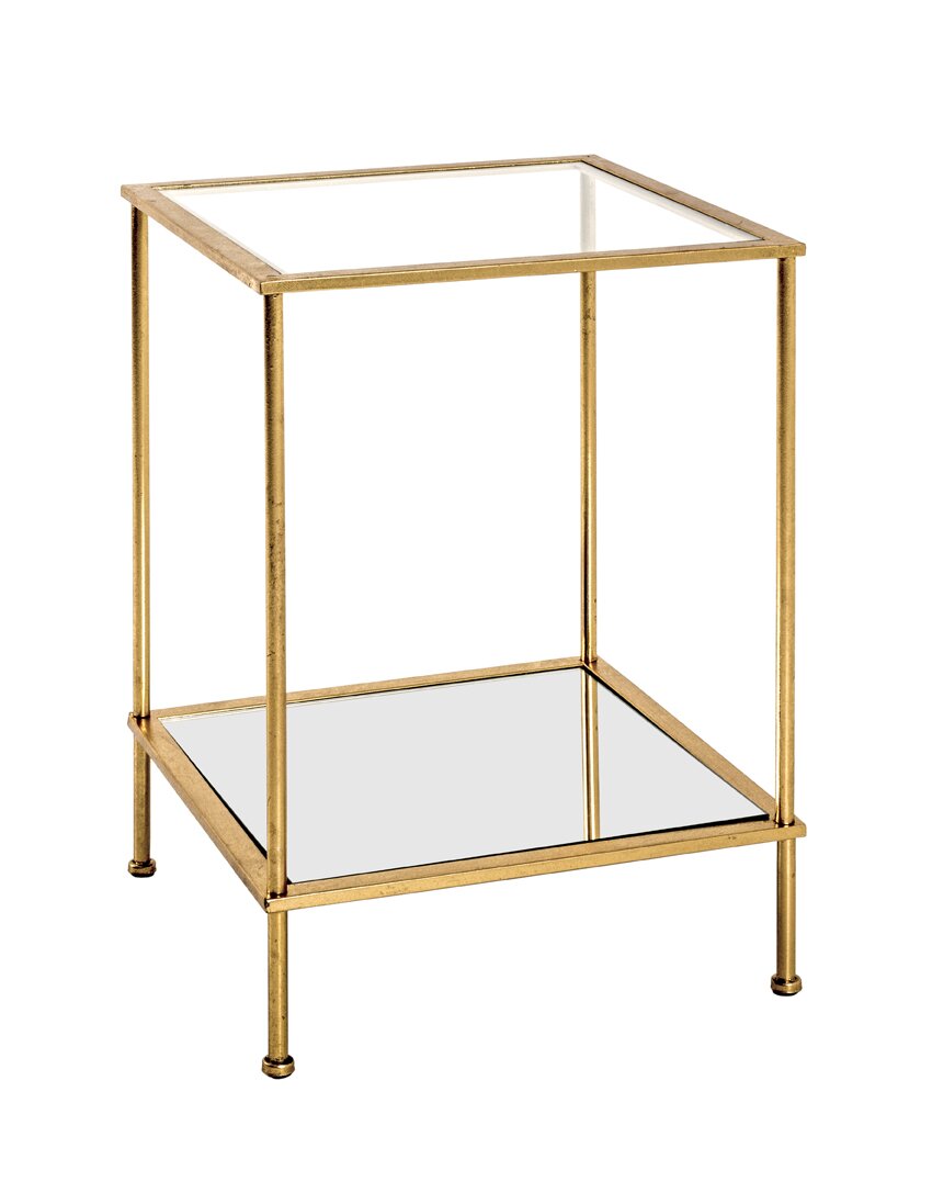 Quadratischer Beistelltisch aus goldfarbenem Metall mit Glasplatte und unterer Glasablage, freigestellt auf weißem Hintergrund, in leichter Schrägansicht von vorn oben.