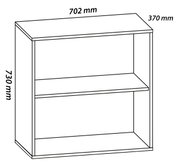 Skizze eines offenen Regals mit zwei Fächern, Maße 702 mm Breite, 730 mm Höhe und 370 mm Tiefe, dargestellt in schräger Frontansicht (Perspektive von vorne links).