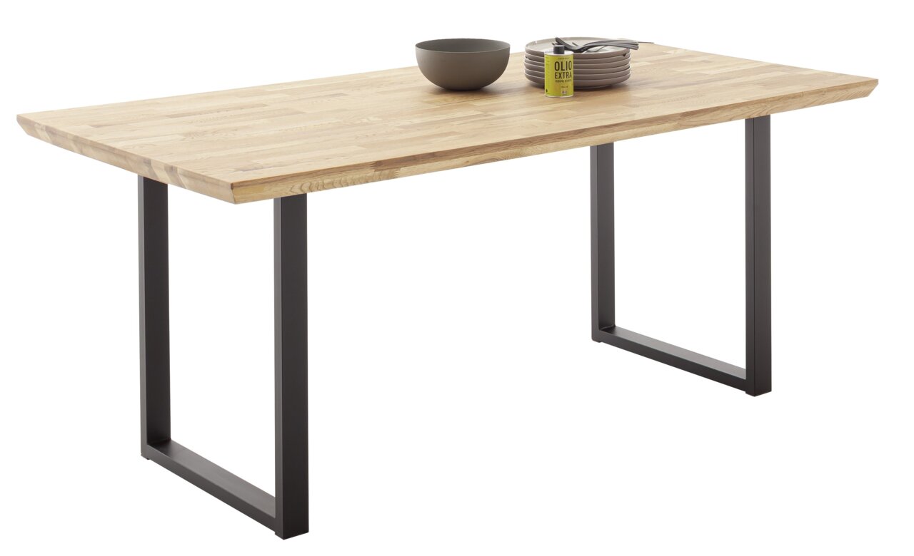 Moderner Esstisch aus Holz mit Metallbeinen, seitliche Perspektive