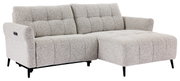 Graues Ecksofa mit Stoffbezug und schwarzen Beinen, seitliche Perspektive