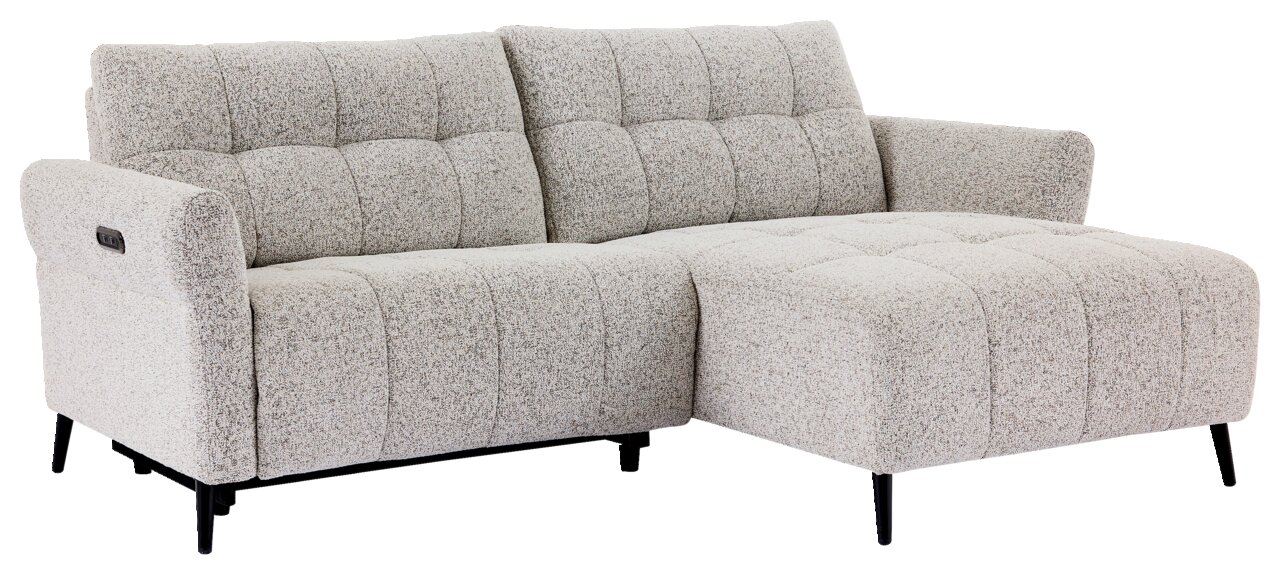 Graues Ecksofa mit Stoffbezug und schwarzen Beinen, seitliche Perspektive