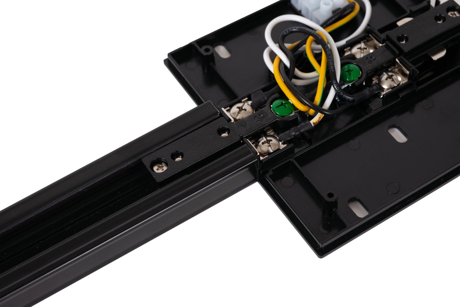 Nahaufnahme eines schwarzen Mitteleinspeisers für ein Schienensystem, mit sichtbaren Kabeln und Anschlüssen, von oben betrachtet.