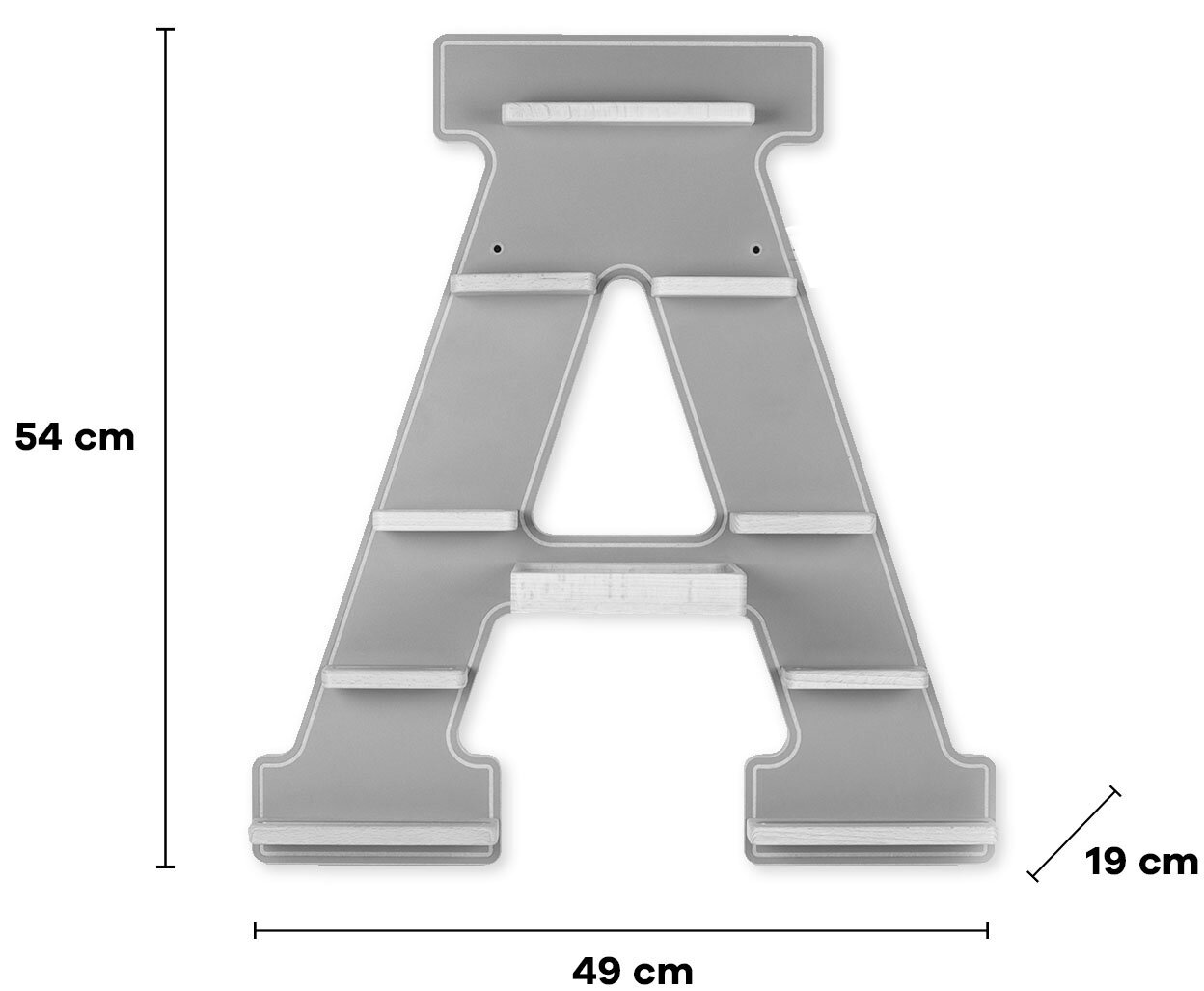 Graues Wandregal in Form des Buchstabens A mit mehreren kleinen Ablageflächen, Maße ca. 54 cm hoch, 49 cm breit und 19 cm tief, frontal von vorne fotografiert.