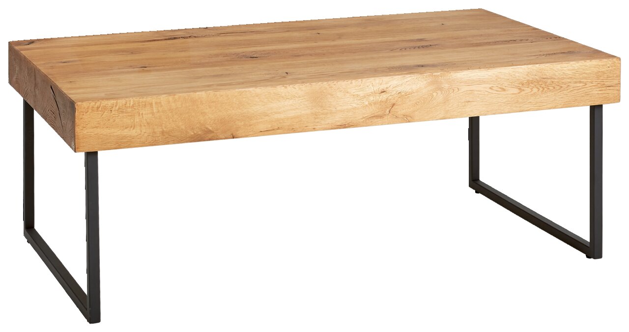 Moderner Couchtisch aus Holz mit Metallbeinen, seitliche Perspektive