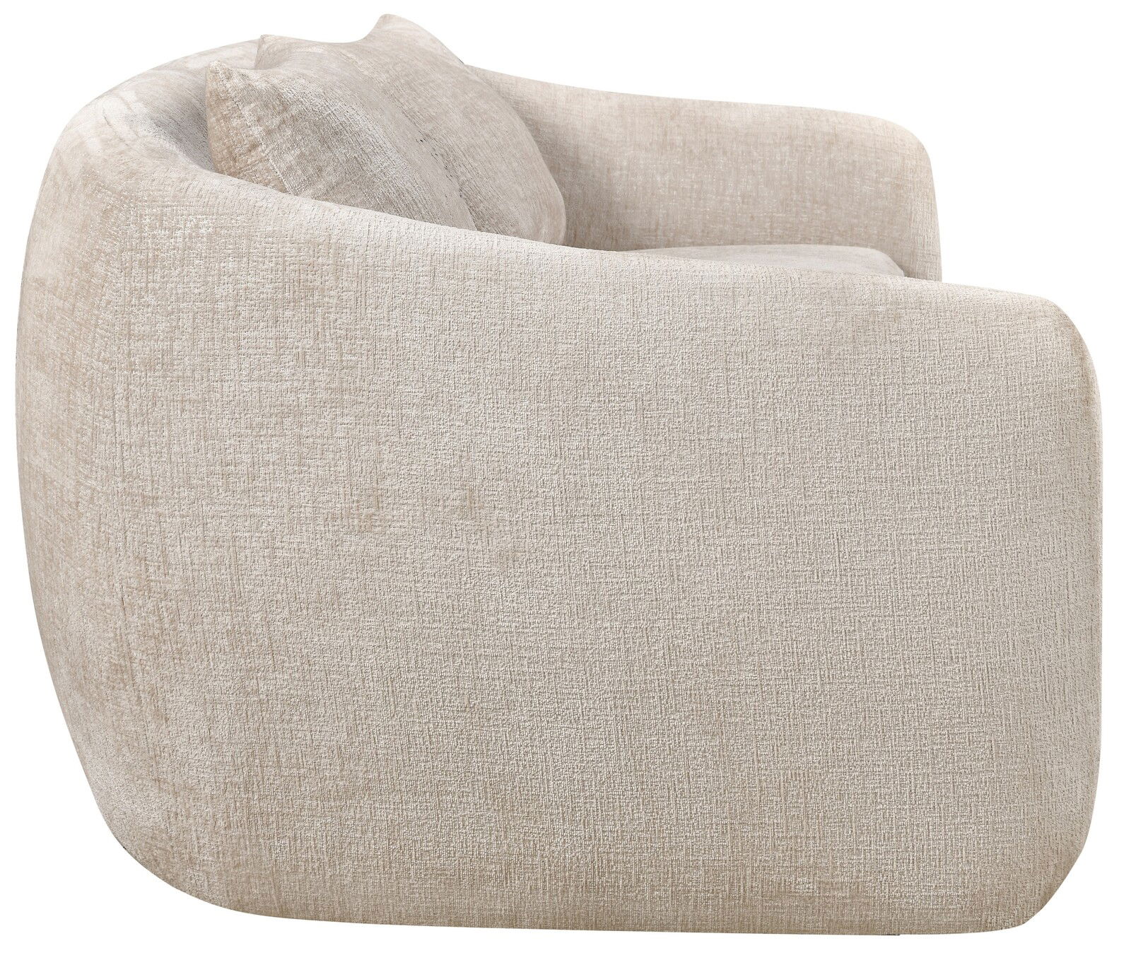 Seitenansicht eines beigen 2-Sitzer Sofas mit weicher Polsterung und abgerundeten Kanten.