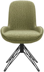 Moderner grüner Stuhl mit gepolsterter Sitzfläche und schwarzem Metallgestell, Frontalansicht