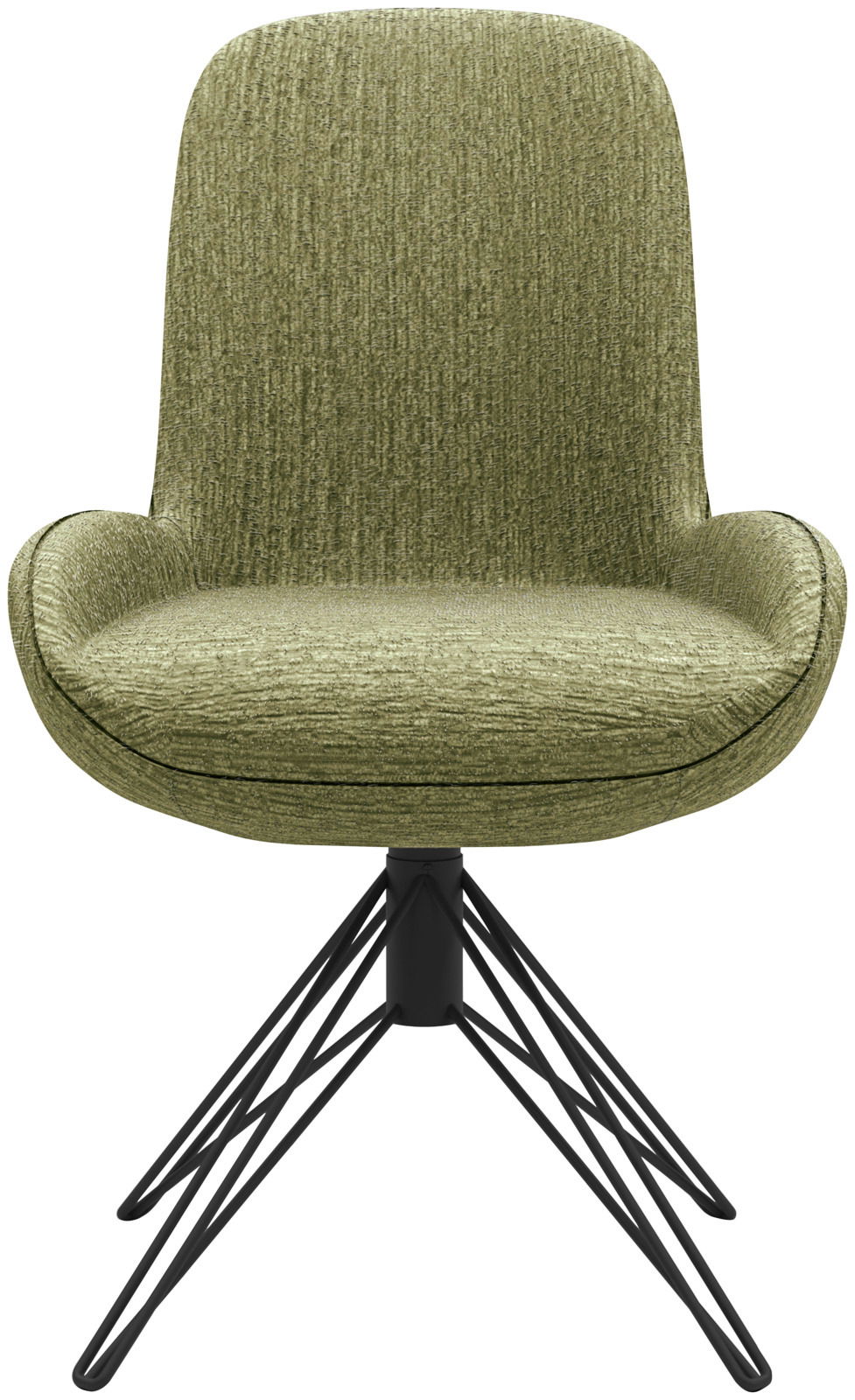 Moderner grüner Stuhl mit gepolsterter Sitzfläche und schwarzem Metallgestell, Frontalansicht