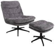 Grauer, drehbarer Sessel mit Hocker, seitliche Perspektive