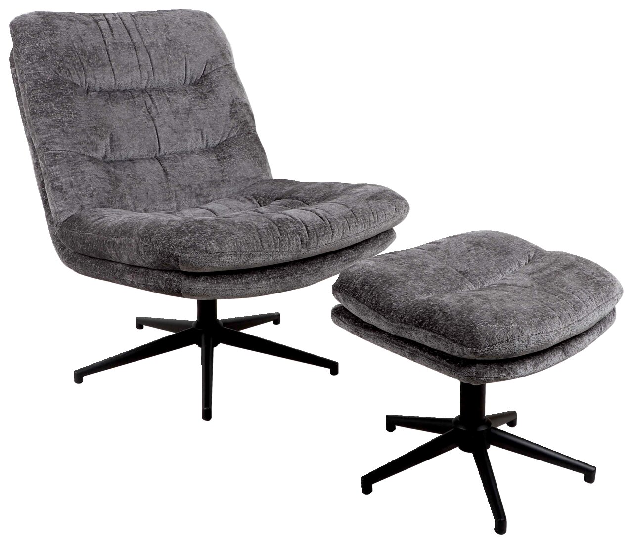 Grauer, drehbarer Sessel mit Hocker, seitliche Perspektive