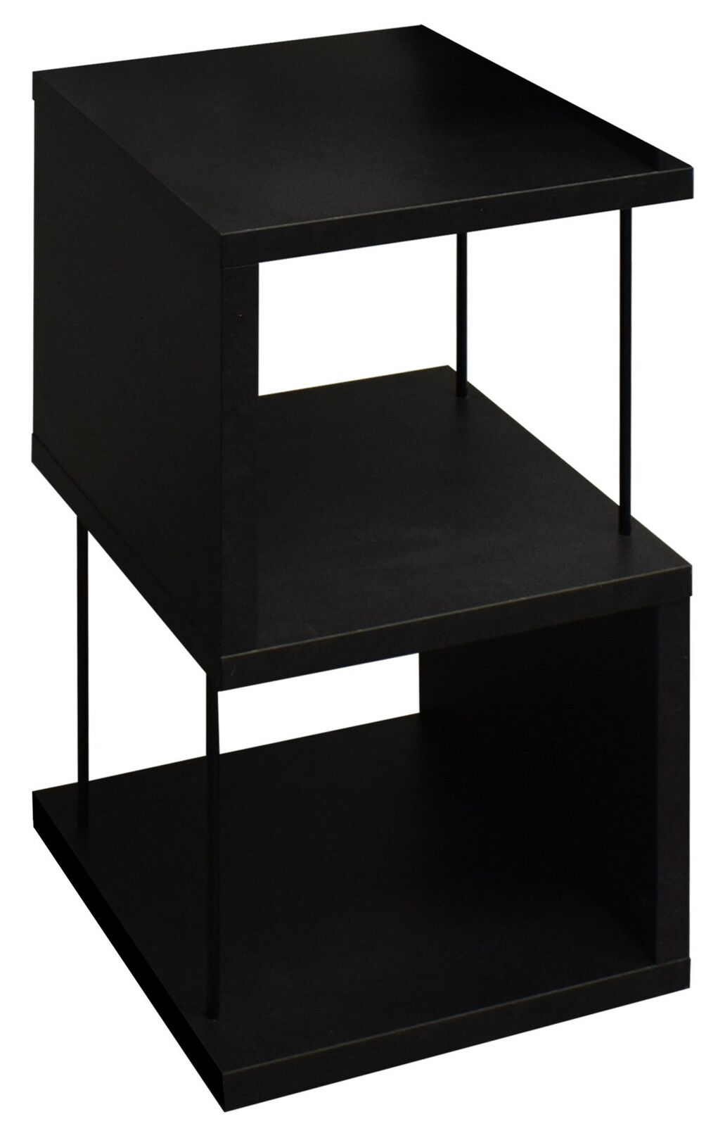 Schwarzes Standregal mit zwei offenen Fächern, seitliche Perspektive