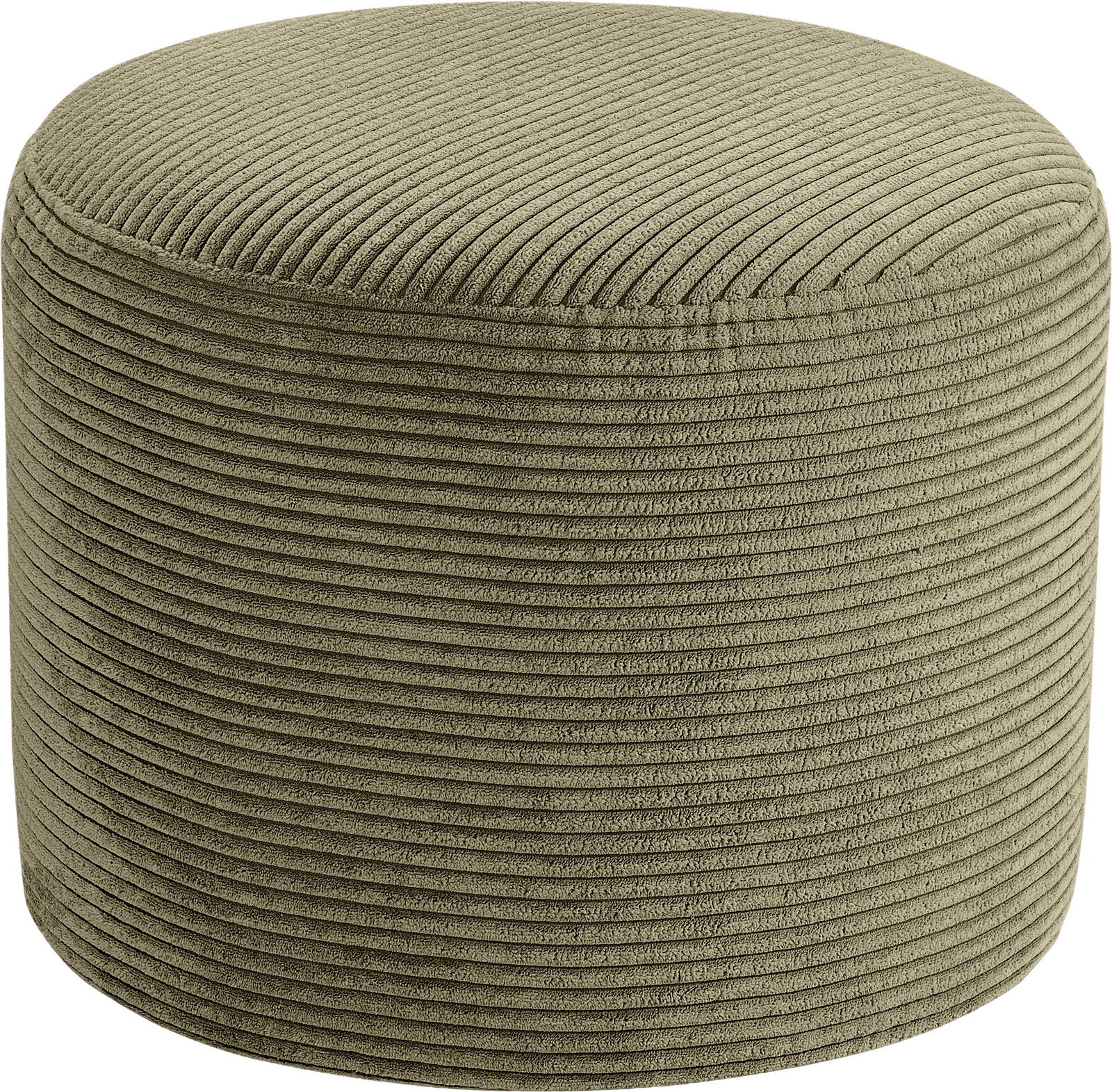 MID.YOU Kleine kruk KOLO Olivgrüner, runder Pouf/Hocker mit gerippter Cord-Optik, freigestellt auf weißem Hintergrund, Ansicht leicht von oben
