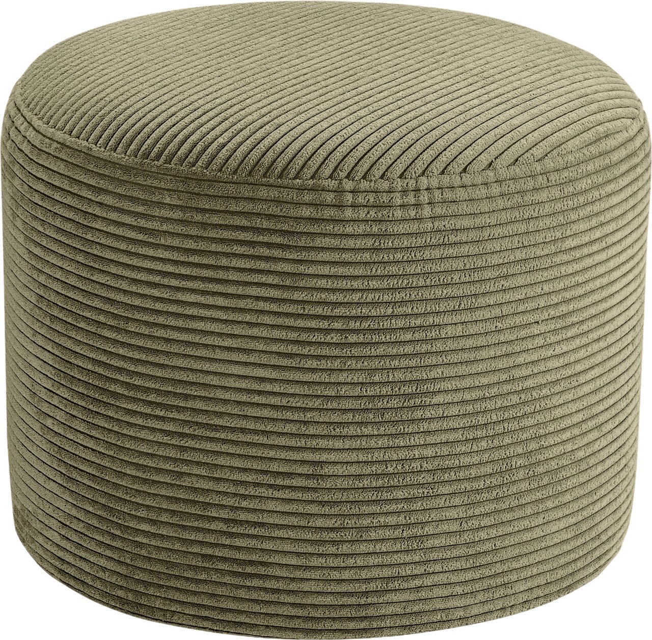 MID.YOU Hocker klein KOLO Olivgrüner, runder Pouf/Hocker mit gerippter Cord-Optik, freigestellt auf weißem Hintergrund, Ansicht leicht von oben