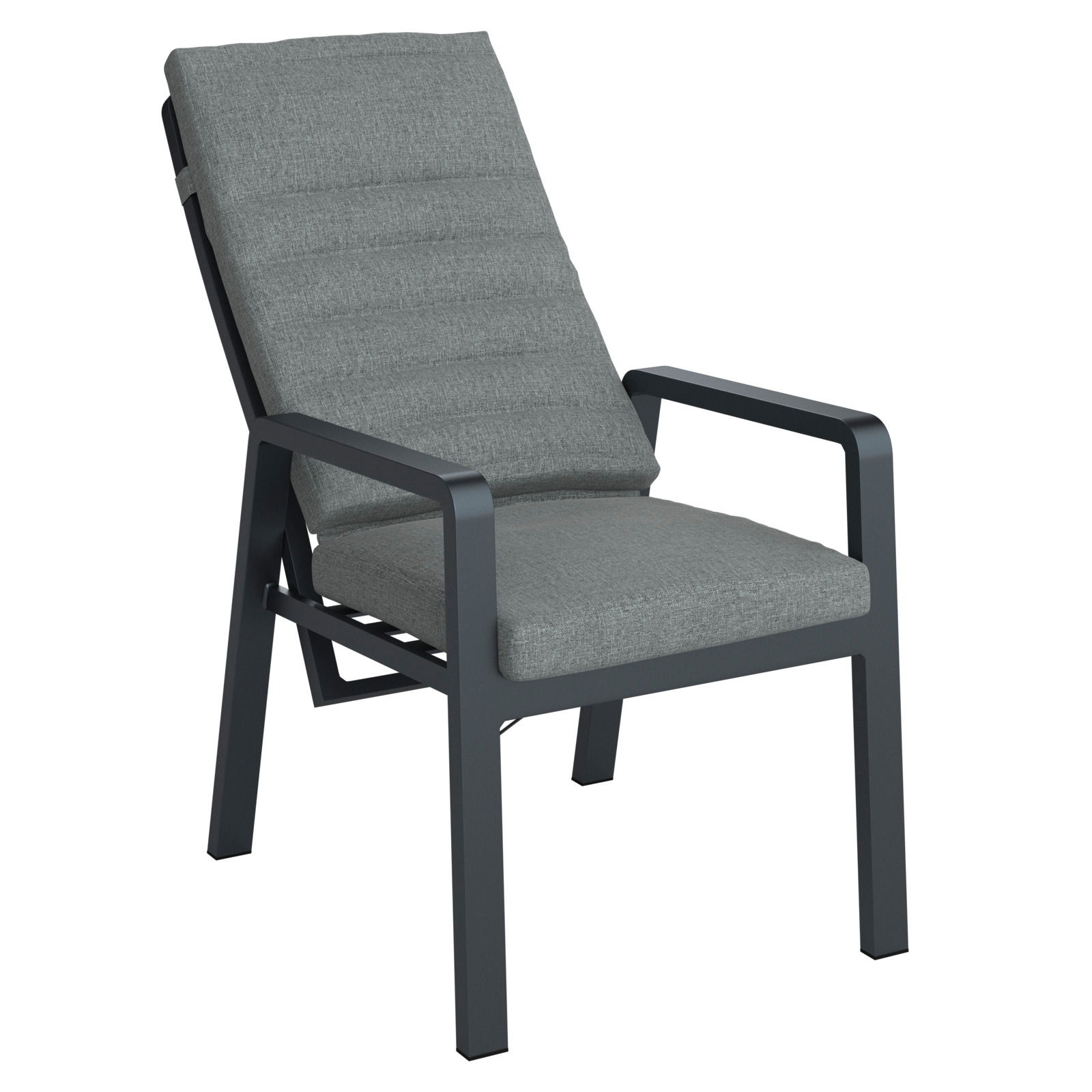 Gartenrelaxsessel mit grauem Polster und schwarzem Metallrahmen, seitliche Perspektive