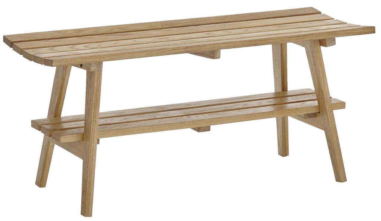 Garderobenbank aus Holz mit zwei Ebenen, seitliche Perspektive
