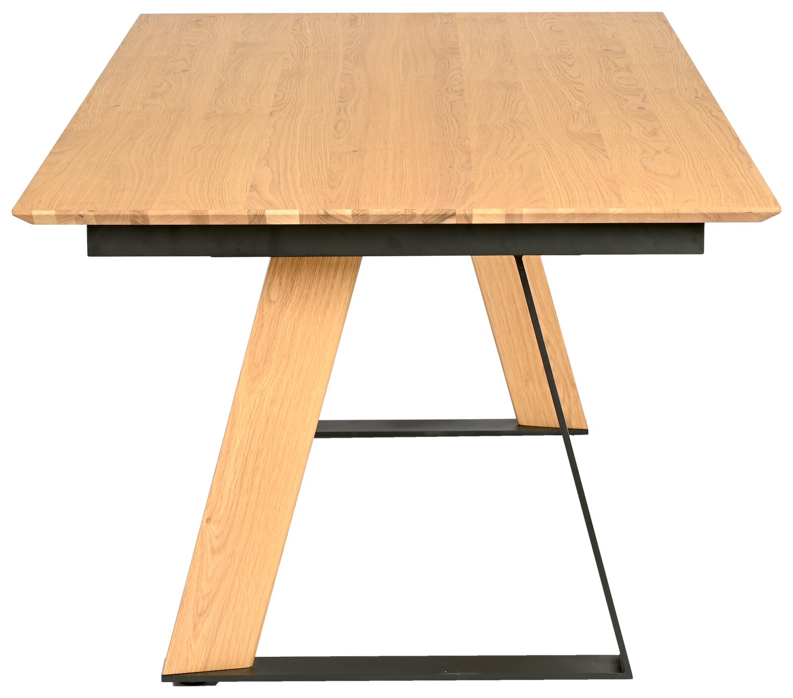 Moderne houten eettafel met metalen onderstel, vooraanzicht