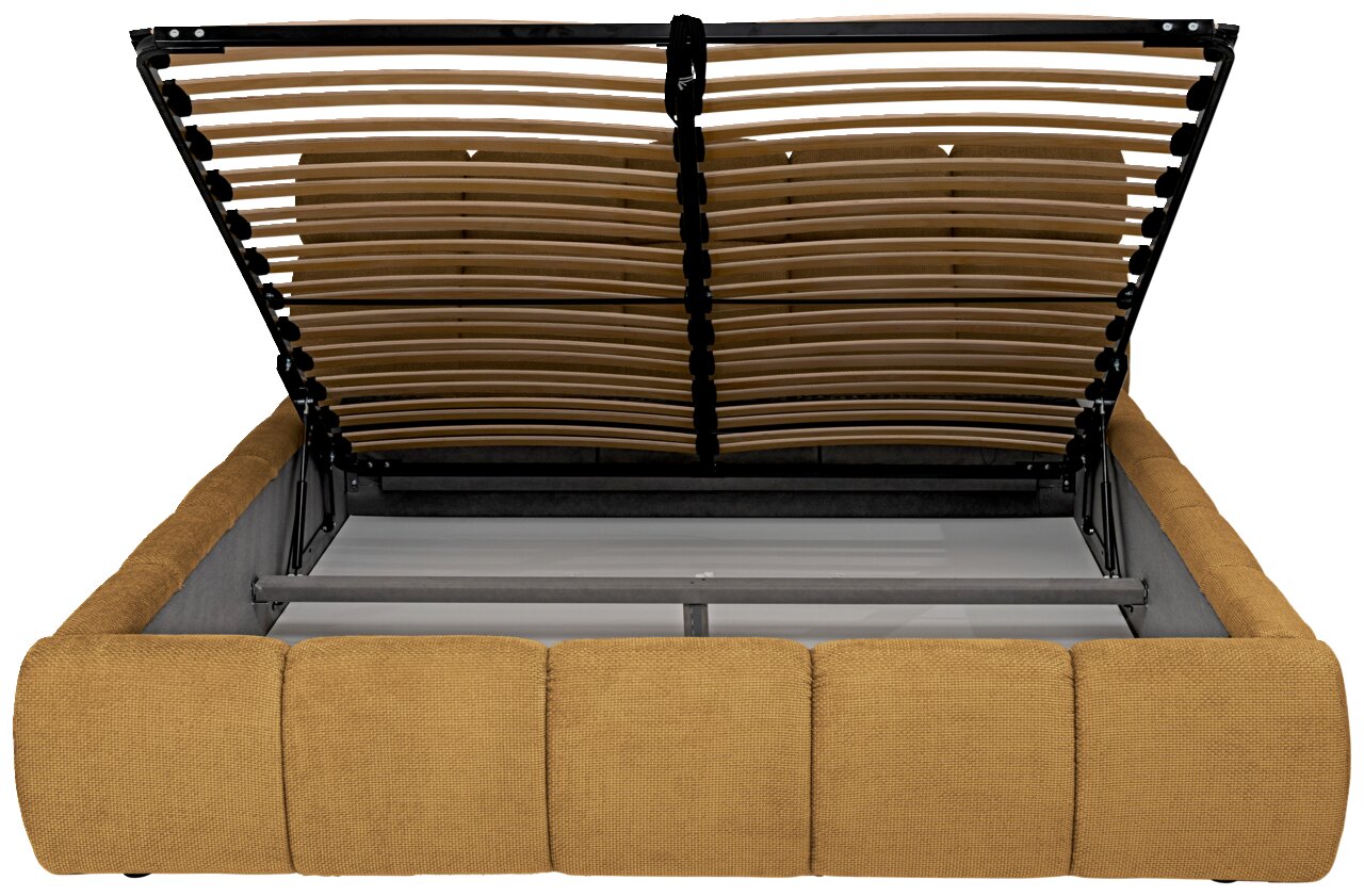 Gestoffeerd bedframe met opgeklapt lattenbodem, vooraanzicht