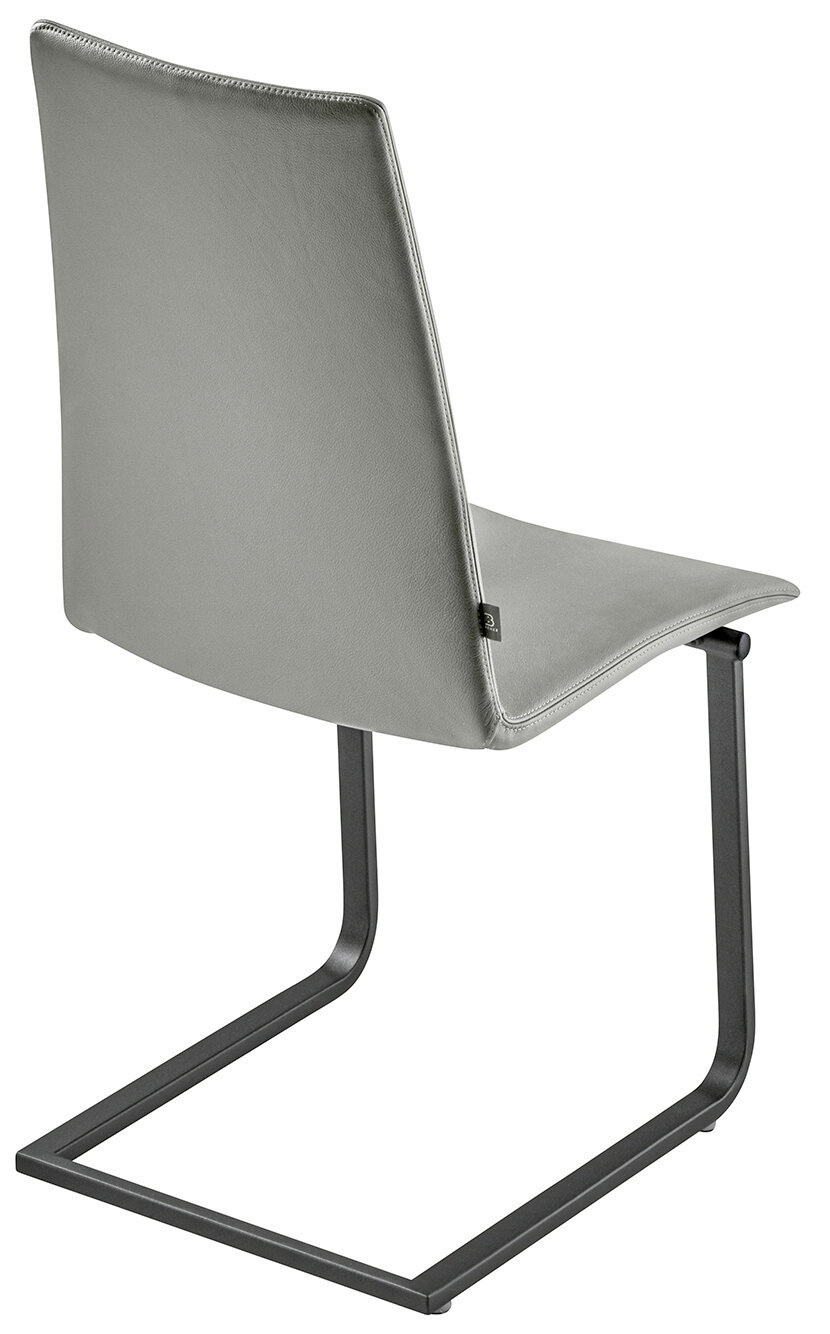 Moderner Stuhl mit grauem Bezug und schwarzem Metallgestell, Rückansicht