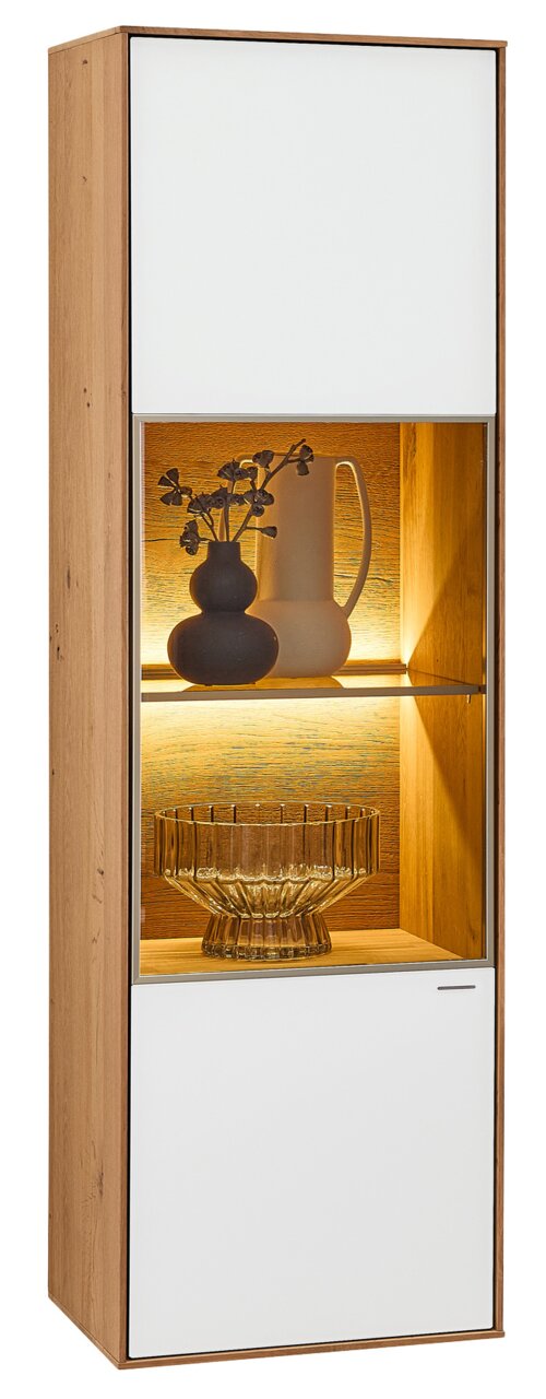 Hängevitrine aus Holz mit weißer Front, beleuchtetem Innenraum und dekorativen Objekten, seitliche Perspektive