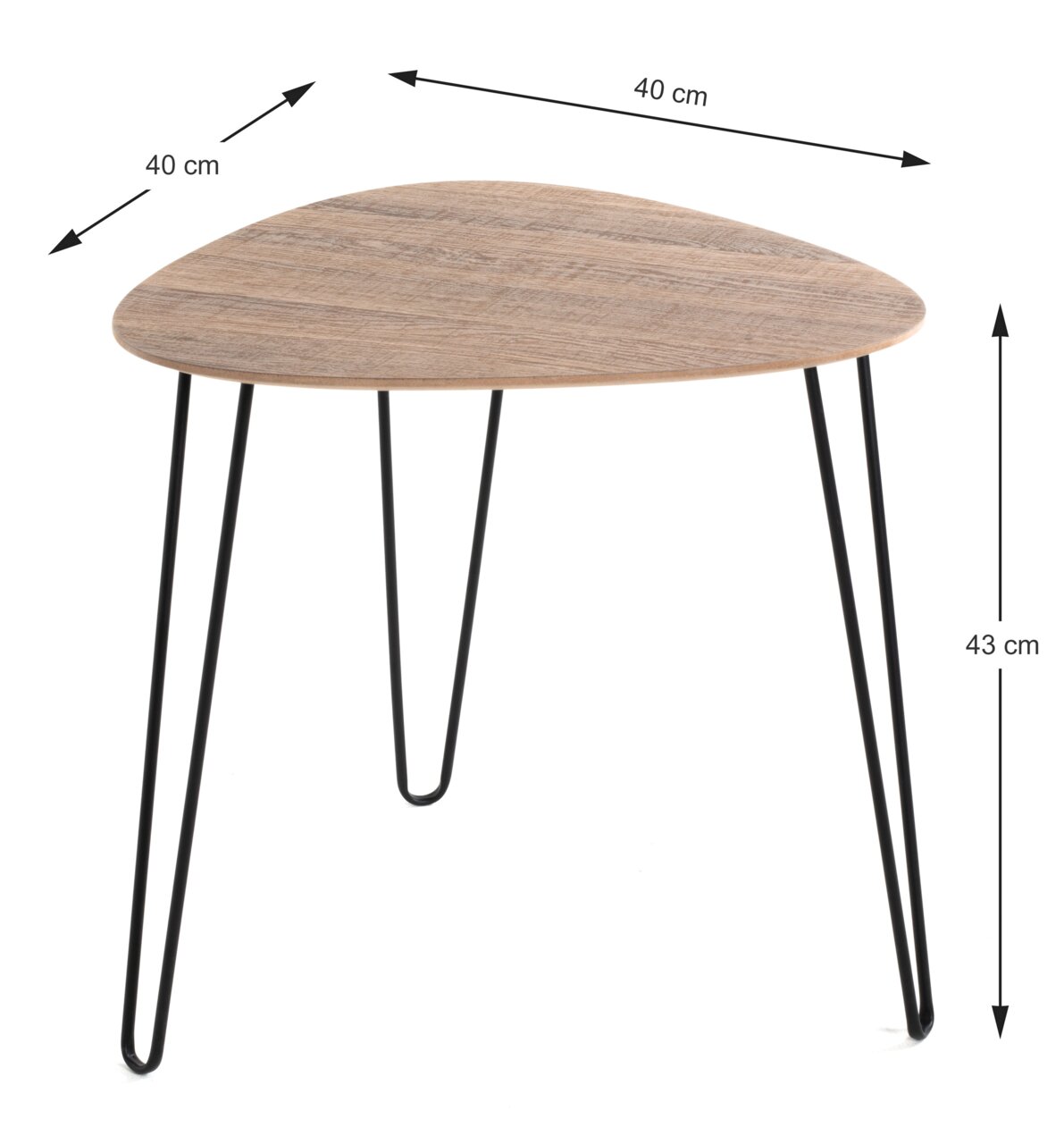 Kleiner Beistelltisch mit dreieckiger Holzplatte und schwarzen Metallbeinen, seitliche Perspektive