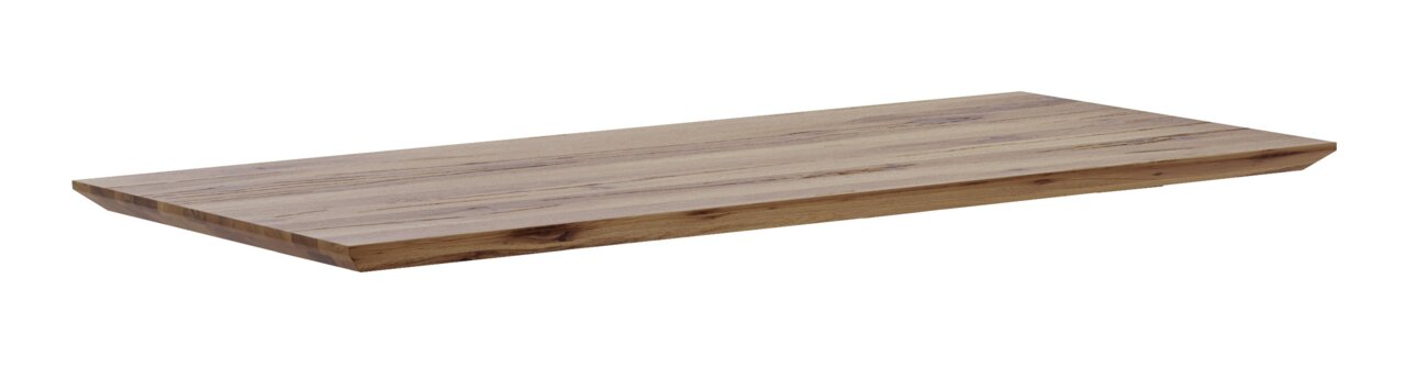 Holztischplatte in rechteckiger Form, aus seitlicher Perspektive fotografiert, mit natürlicher Holzmaserung.