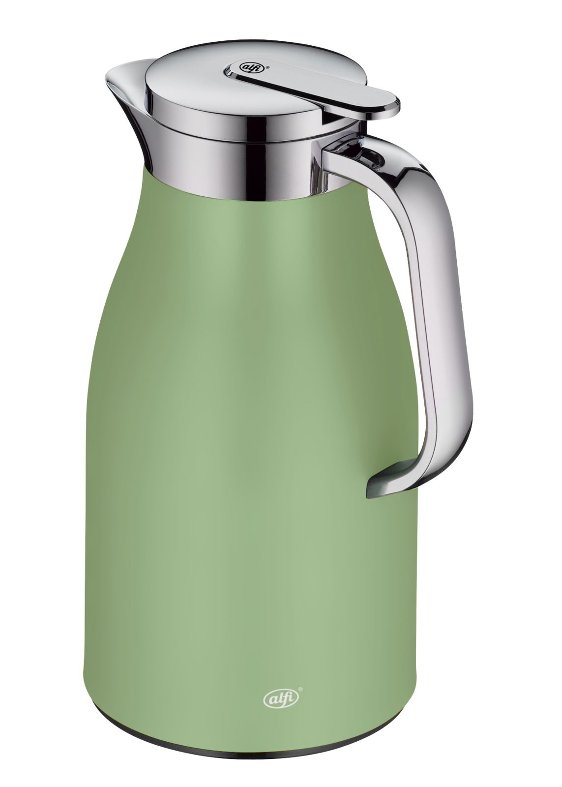 Grüne Isolierkanne mit silbernem Deckel und Griff, seitliche Perspektive